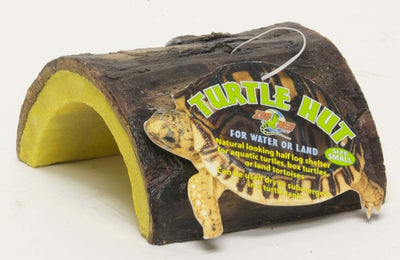 Small brown and yellow half-log turtle shelter with a turtle-shaped tag showing product details.