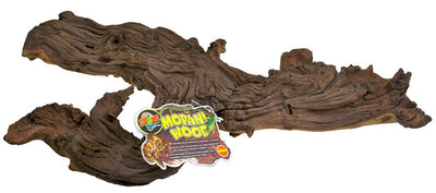 Jumbo Zoo Med Mopani Wood, a dark brown, gnarled piece of driftwood with a product tag, shown on a white background.