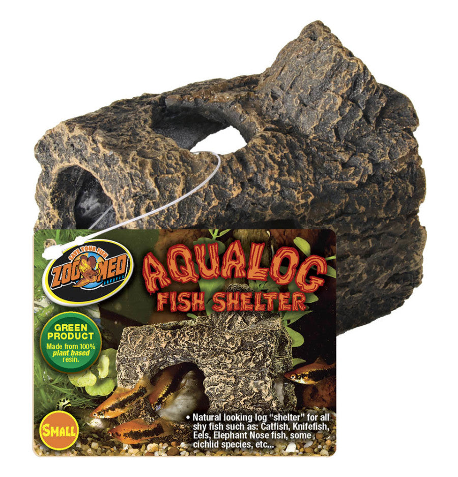 Small brown, textured fish shelter with multiple openings, shown with its product tag.