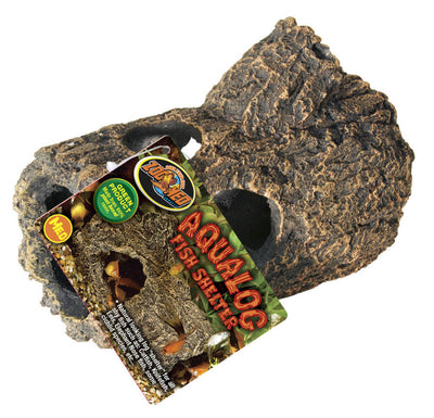 Brown, textured log-shaped fish shelter with multiple holes, shown with a "Zoo Med Aqualog Fish Shelter" tag.