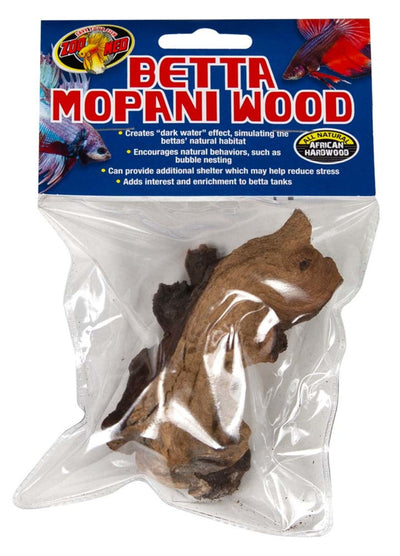 Packaged Zoo Med Betta Mopani Wood, a brown African hardwood, with a betta fish on the label.