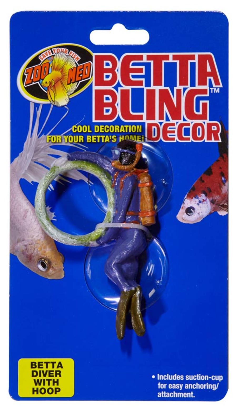 Betta Bling Diver aquarium ornament with hoop, packaged on a blue card with two betta fish.