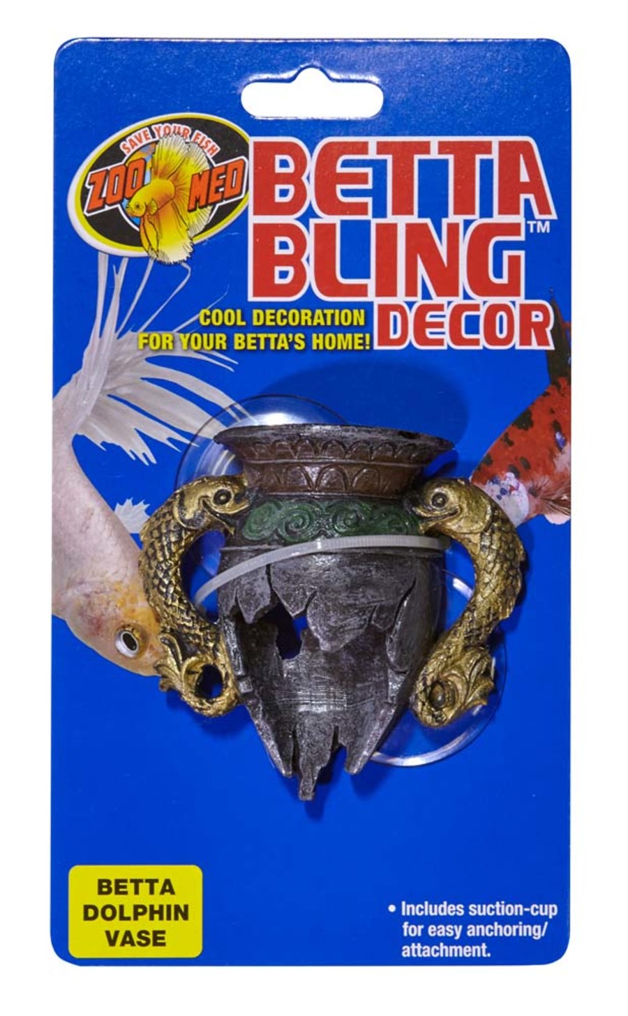 Betta Bling Dolphin Vase aquarium ornament in packaging, showing a distressed vase with gold dolphin handles and a suction cu
