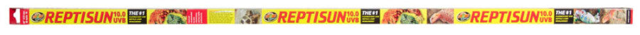 A long, yellow box for a Zoo Med ReptiSun 10.0 UVB T8 fluorescent lamp, featuring reptiles and product details.