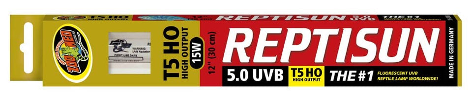 Zoo Med ReptiSun 5.0 UVB T5 HO lamp in its red and yellow packaging, showing the brand logo and product details.