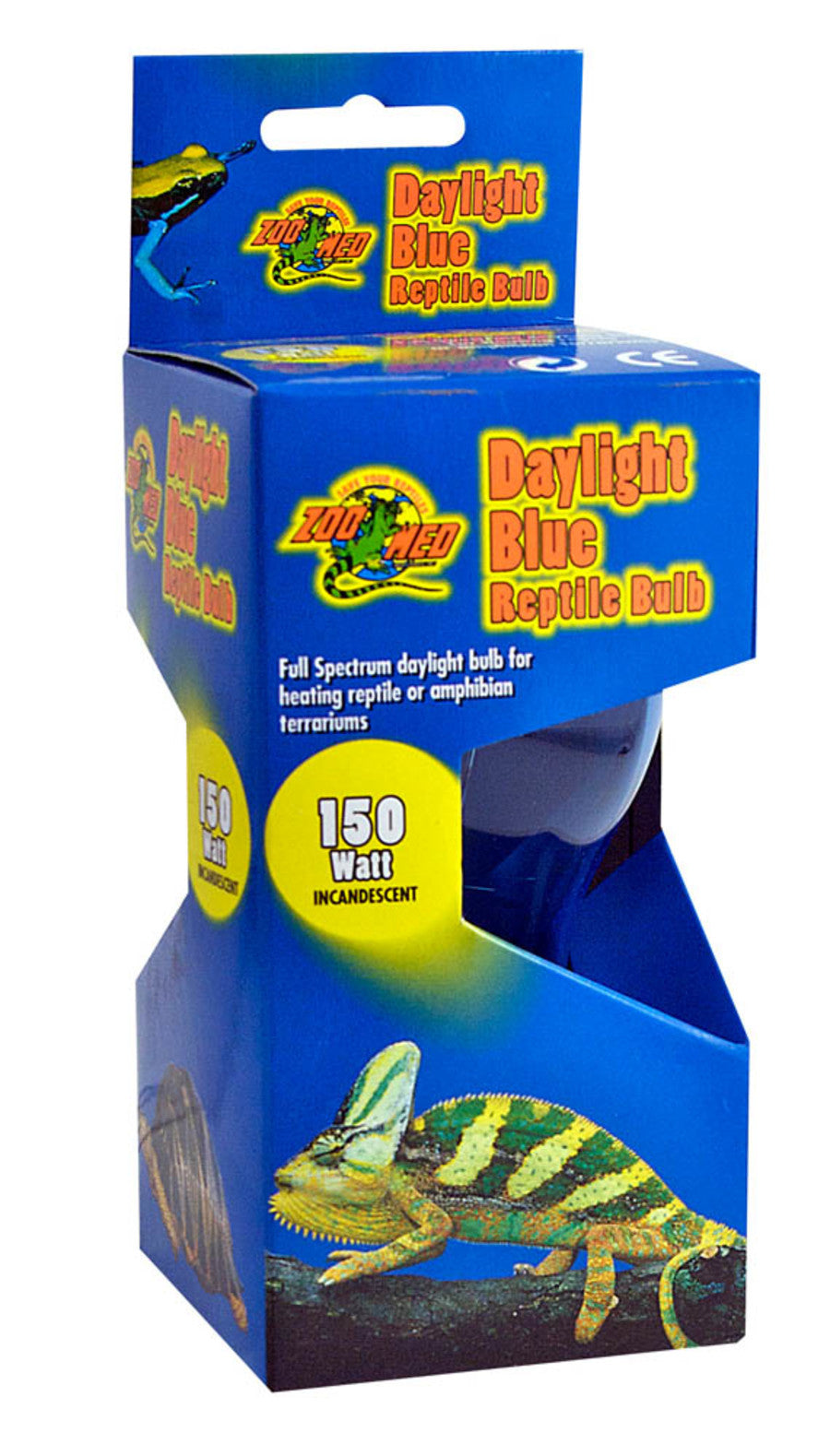 Blue Zoo Med Daylight Blue Reptile Bulb box, 150W, with a chameleon and frog, angled view.