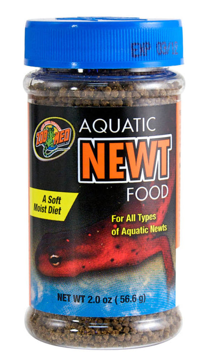Zoo Med Aquatic Newt Food in a clear jar with a blue lid, showing dark pellets and a red newt graphic.
