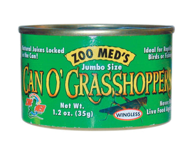 Green can of Zoo Med Can O' Grasshoppers, 1.2 oz, with a grasshopper illustration and "Wingless" label.