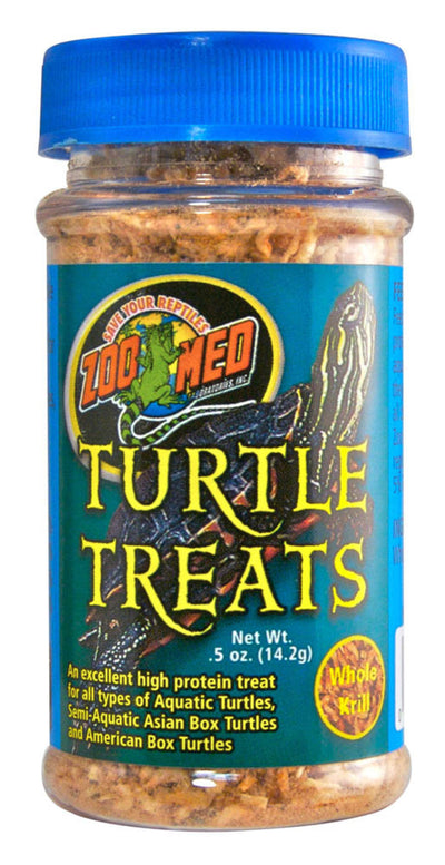 Blue-capped jar of Zoo Med Turtle Treats, with a label showing a turtle and "Whole Krill.