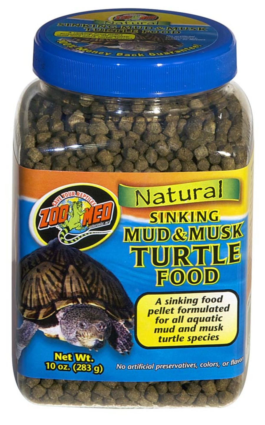 Clear jar of Zoo Med Natural Sinking Mud & Musk Turtle Food, showing dark pellets and a blue-labeled turtle.