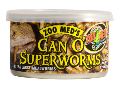 Zoo Med Can O' Superworms, a clear plastic container of mealworms, with a bearded dragon on the label.