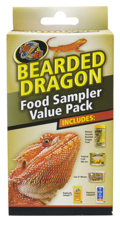 Zoo Med Bearded Dragon Food Sampler Value Pack with a large bearded dragon graphic and included food items.