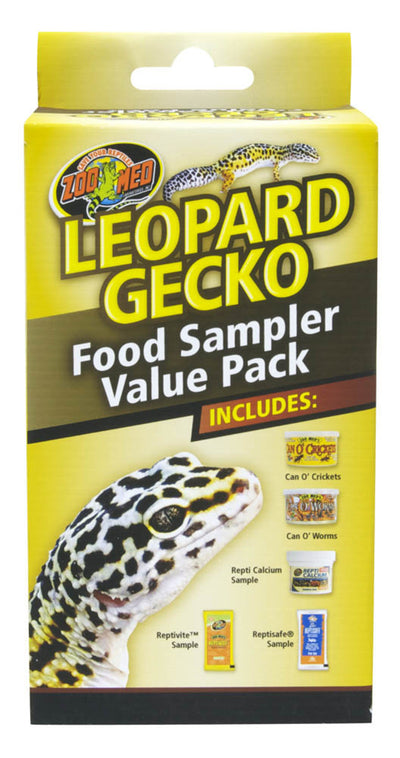 Yellow box for Zoo Med Leopard Gecko Food Sampler Value Pack, showing a gecko, "Can O' Crickets," "Can O' Worms," and sample