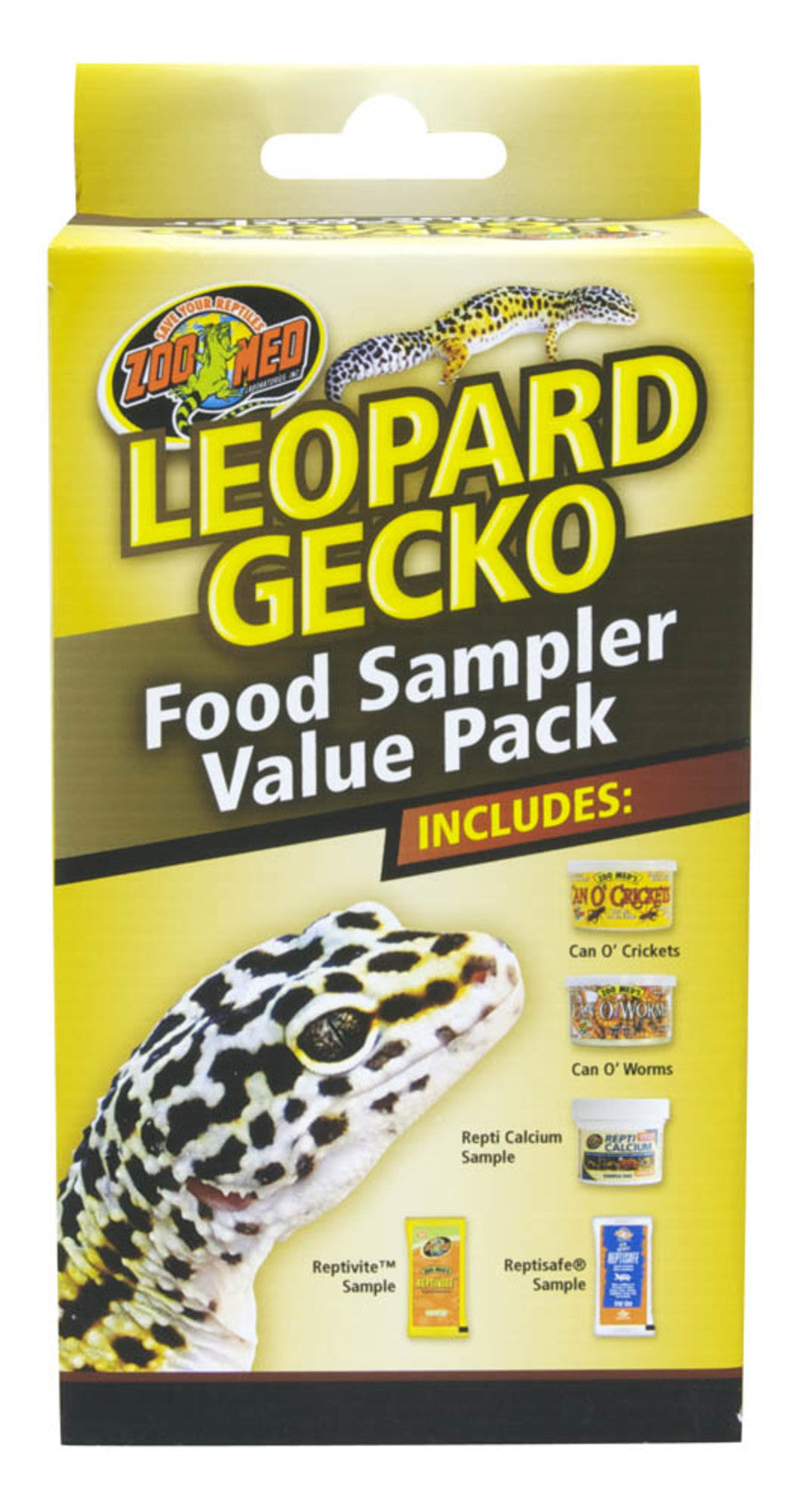 Yellow box for Zoo Med Leopard Gecko Food Sampler Value Pack, showing a gecko, "Can O' Crickets," "Can O' Worms," and sample