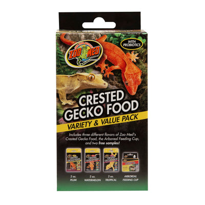 Zoo Med Crested Gecko Food Variety & Value Pack box with two geckos, three food flavors (Plum, Watermelon, Tropical), and an