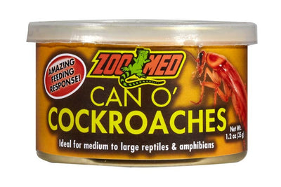 Zoo Med Can O' Cockroaches reptile wet food in a yellow can with a clear lid, featuring a large cockroach.