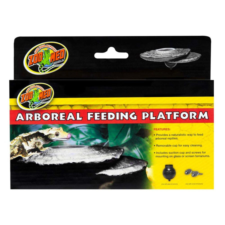 Zoo Med Arboreal Feeding Platform in black packaging, showing a gecko on the platform and mounting options.
