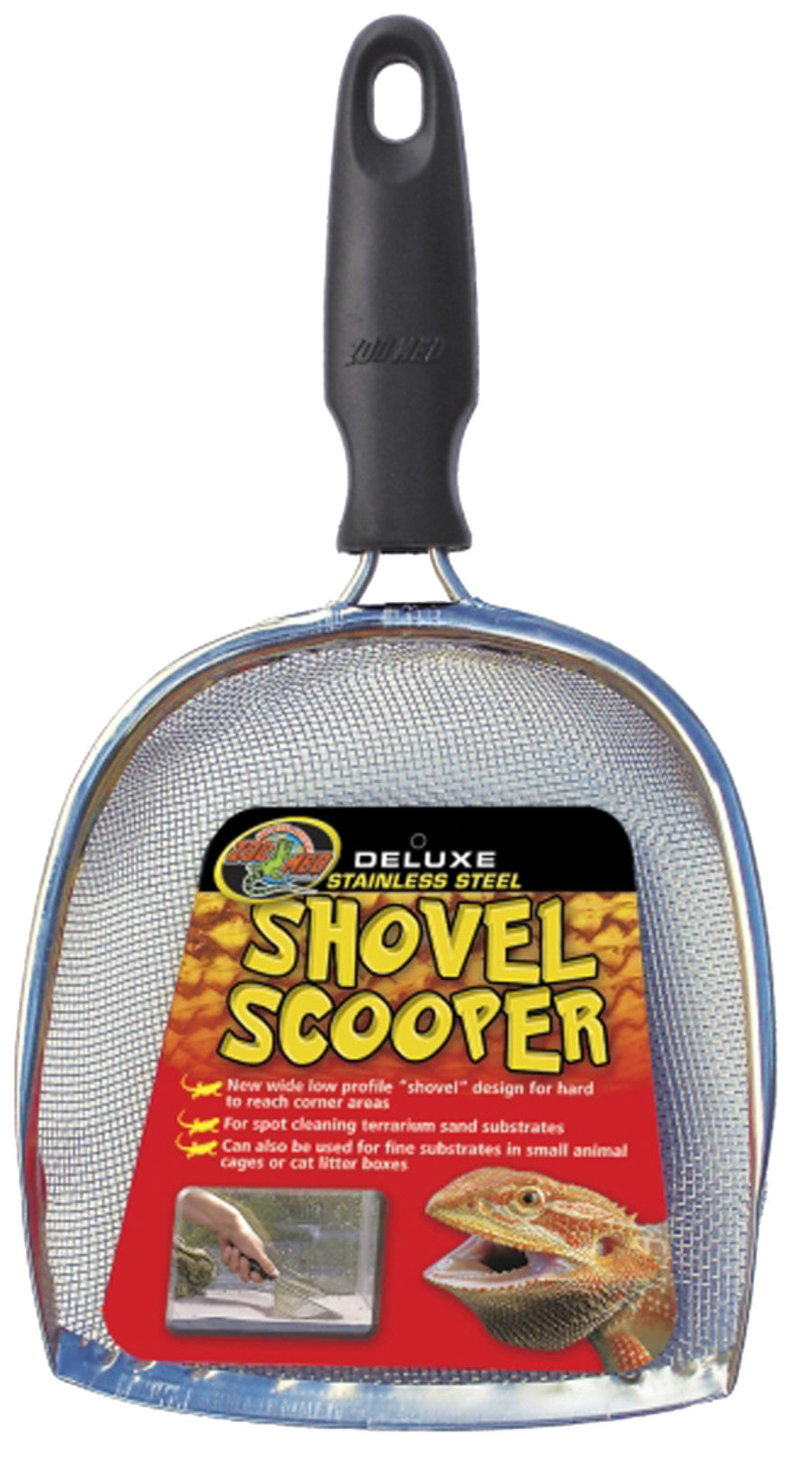 Black-handled, silver mesh shovel scooper with red and yellow packaging featuring a lizard and a hand using the product.