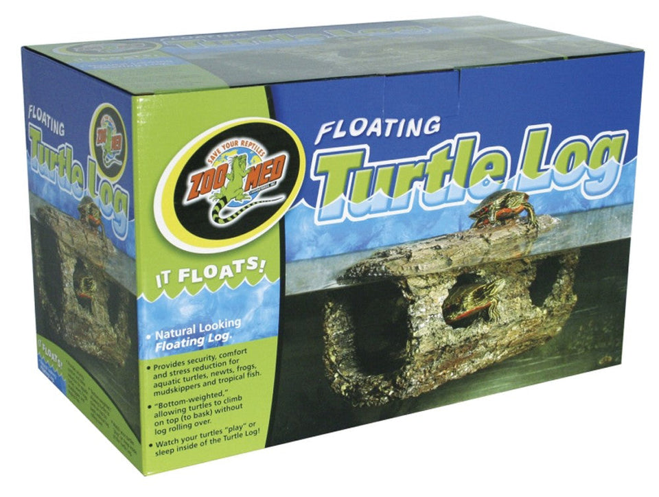 Angled view of a Zoo Med Floating Turtle Log in its blue and green packaging, showing two turtles on the log.