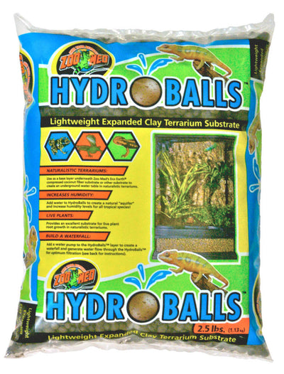 Bag of Zoo Med HydroBalls, a lightweight expanded clay terrarium substrate, showing product features and a terrarium example.