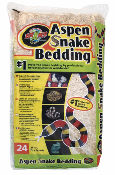 Tan bag of Zoo Med Aspen Snake Bedding with a snake graphic, text, and images of snakes on the front.