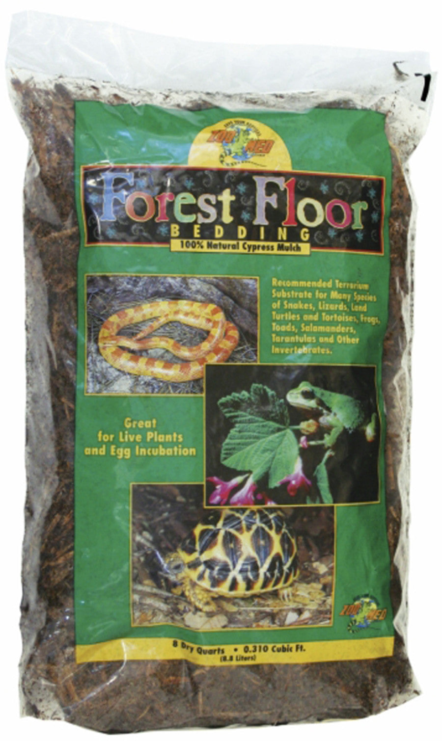 Brown bag of Zoo Med Forest Floor cypress mulch with images of a snake, frog, and tortoise on the label.