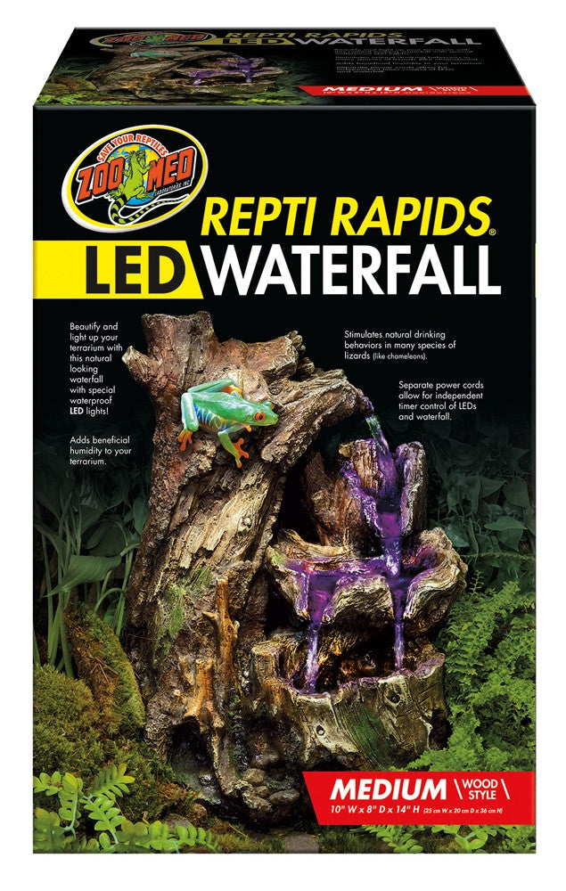 Packaged Zoo Med Repti Rapids LED Wood Waterfall, brown medium, with a green frog and purple LED water.
