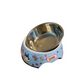 Cutie Ties 2-Piece Stainless Steel Dog Bowl with Melamine Outer featuring colorful dog and love designs on blue base