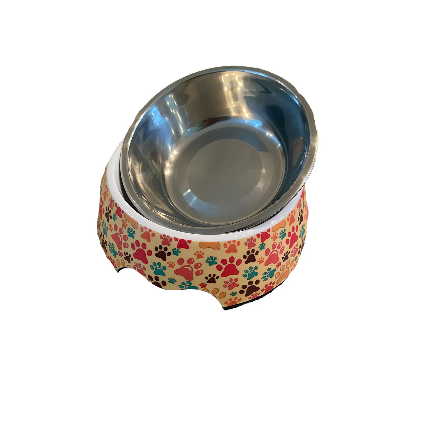 Cutie Ties 2-Piece Stainless Steel Dog Bowl with Melamine Outer featuring colorful paw print design for pets