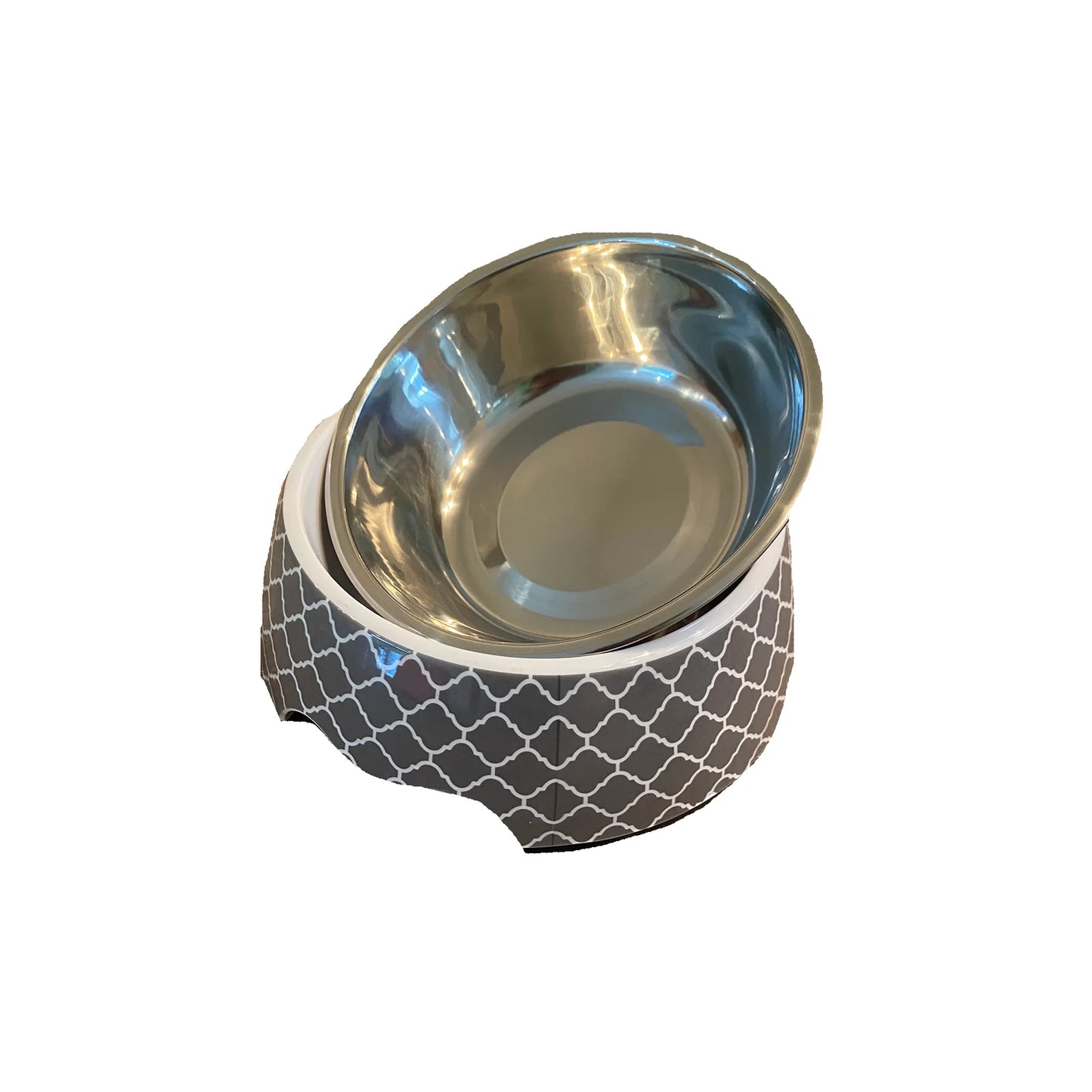 Cutie Ties 2-Piece Stainless Steel Dog Bowl with Melamine Outer featuring a gray patterned stand and removable bowl.