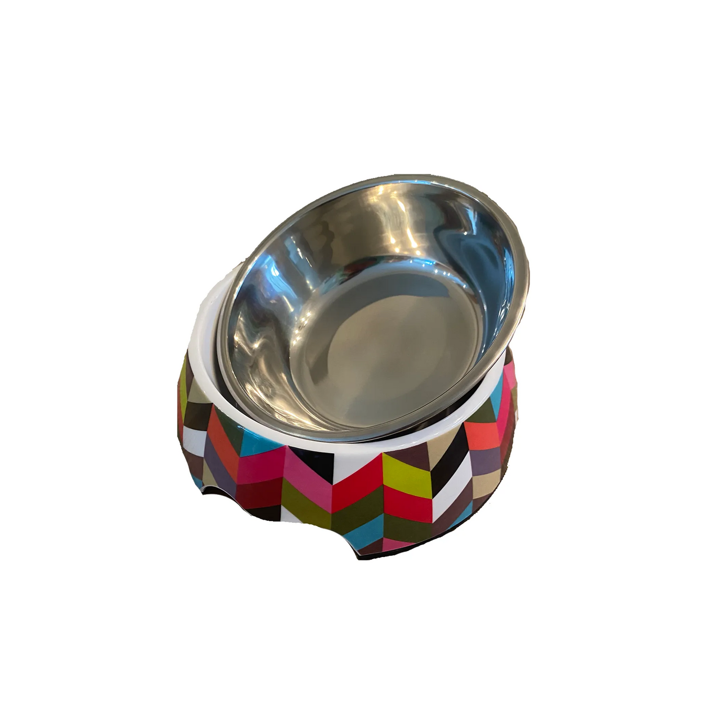 Cutie Ties 2-Piece Stainless Steel Dog Bowl with Melamine Outer featuring colorful geometric pattern pet supplies