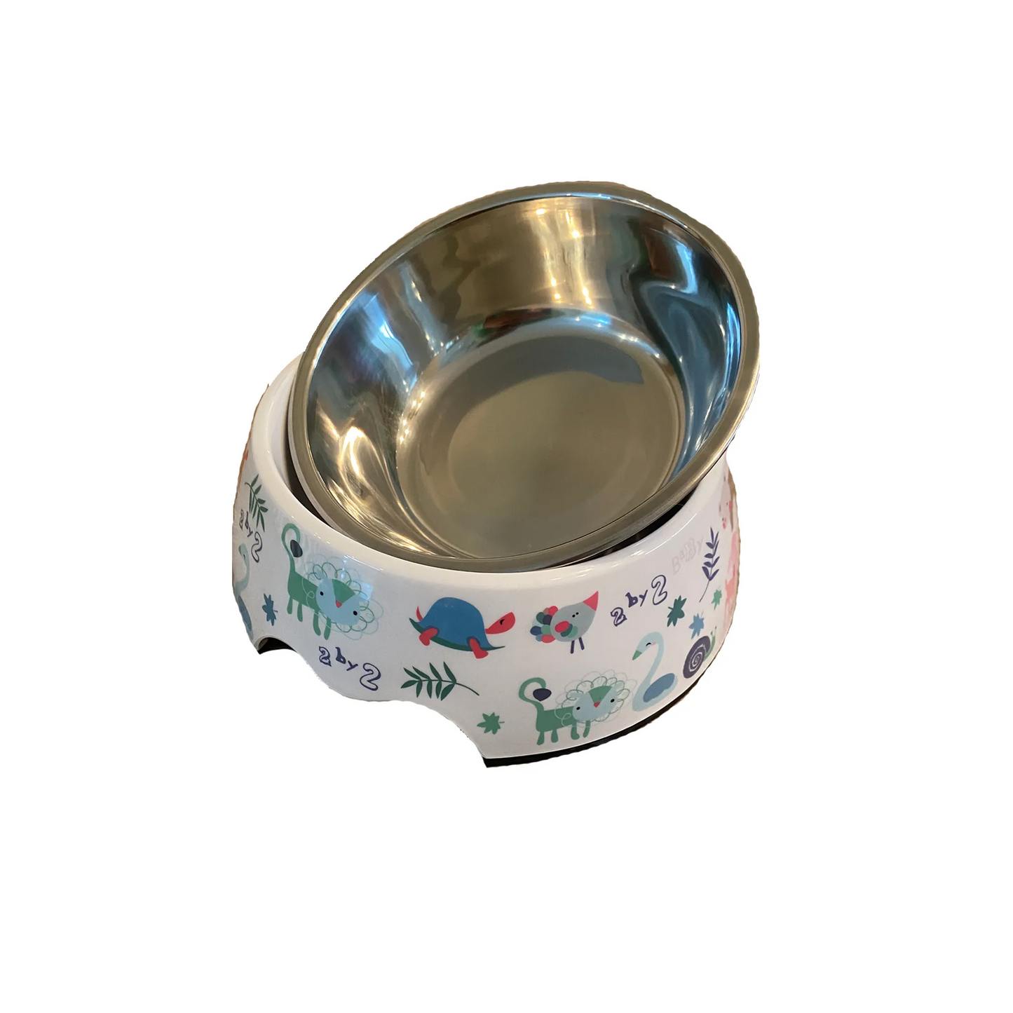 Cutie Ties 2-Piece Stainless Steel Dog Bowl with Melamine Outer featuring colorful animal designs for pet feeding online pet store