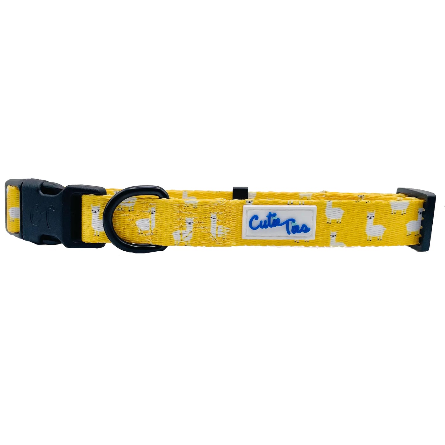 Cutie Ties Fun Design Dog Collar in bright yellow with white animal pattern and black buckle, ideal pet supplies accessory