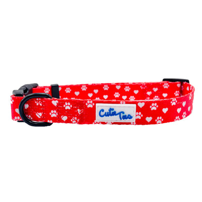 Cutie Ties Fun Design Dog Collar, Paw prints & hearts red/SMALL
