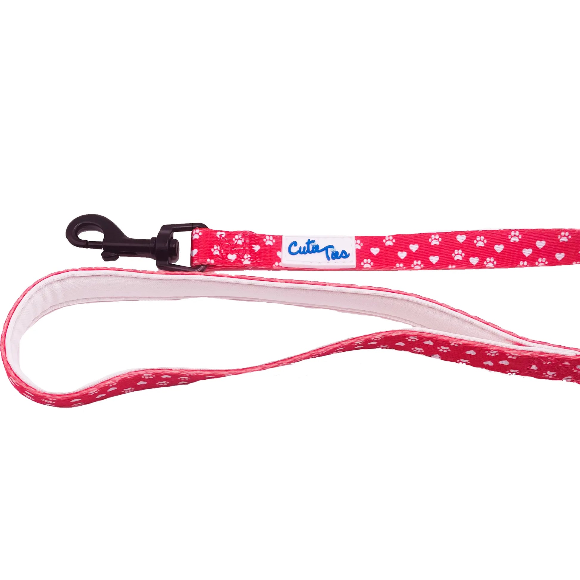 Cutie Ties Fun Design Dog Leash in red with white paw prints and black metal clip for secure pet walks