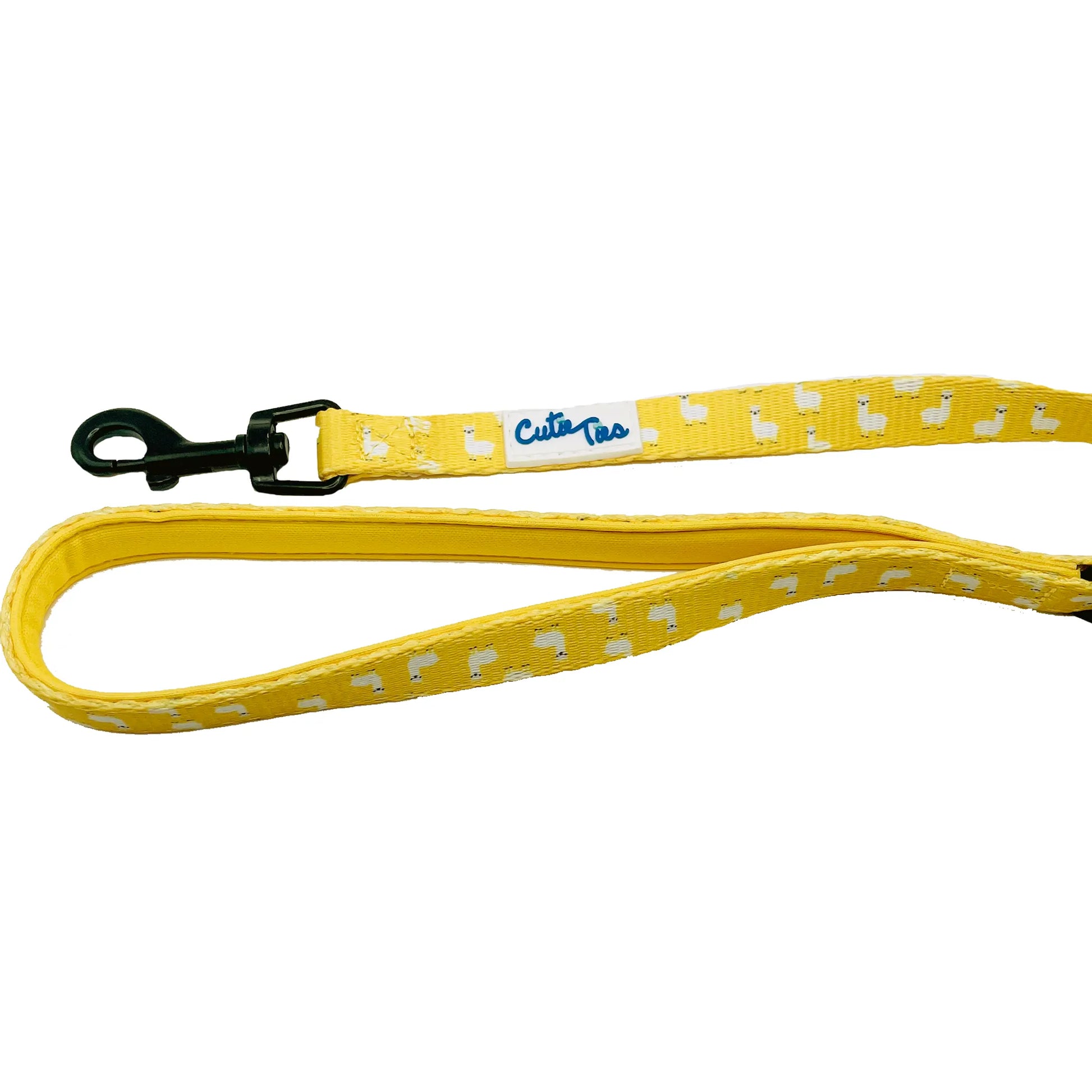 Cutie Ties Fun Design Dog Leash in yellow with white patterns and black metal clip for secure dog walking.