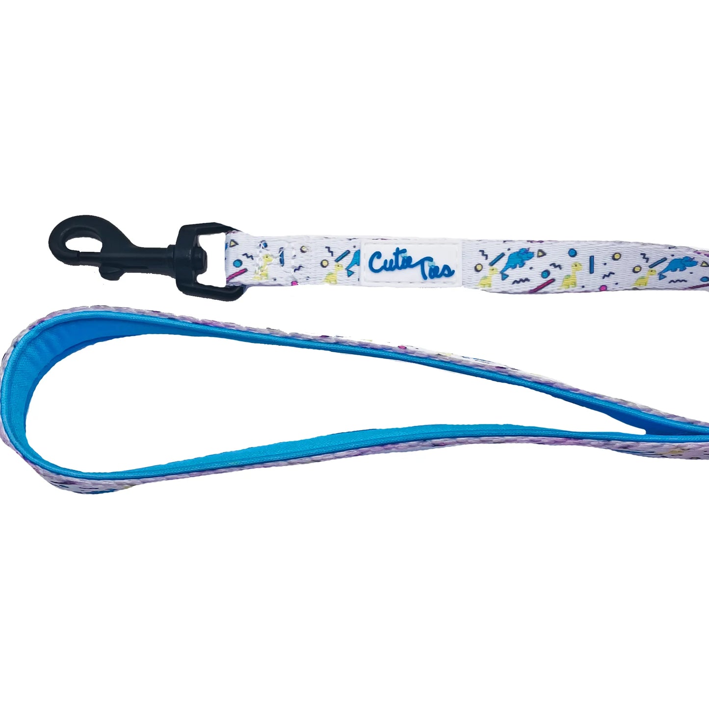 Cutie Ties Fun Design Dog Leash with colorful pattern, blue padded handle, and black metal clasp for secure dog walking.
