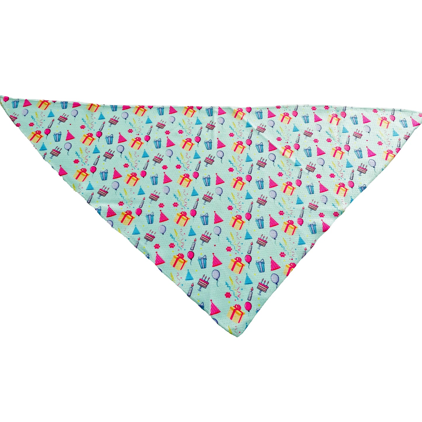 Cutie Ties Tie On Dog Bandana with colorful party hats, gifts, and cupcakes pattern for pet supplies fans