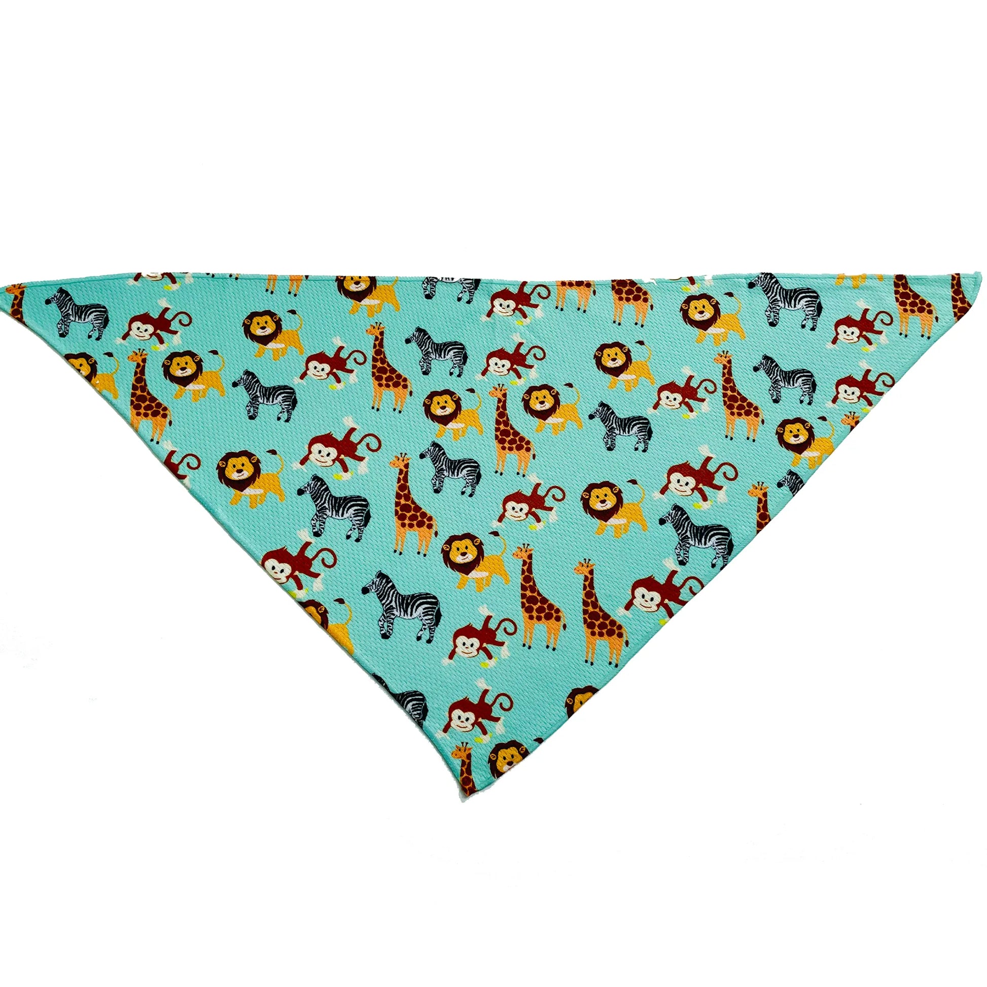 Cutie Ties Tie On Dog Bandana with colorful lion, giraffe, monkey, and zebra pattern on blue fabric for pet supplies