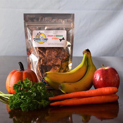 Fruit & Veggie Sticks dog treats bag with bananas, apple, carrots, pumpkin and greens