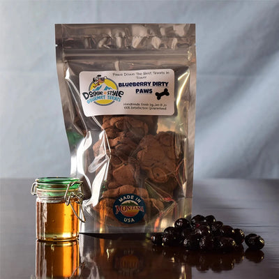Doggie Style Gourmet Treats Blueberry Dirty Paws bag with blueberries and honey jar