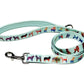 Dog Leash with colorful dog breed patterns and metal clip, designed for comfortable pet walking and control.
