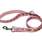 Pink Dog Leash with colorful dog illustrations, sturdy metal clip, designed for secure dog walking and pet supplies.