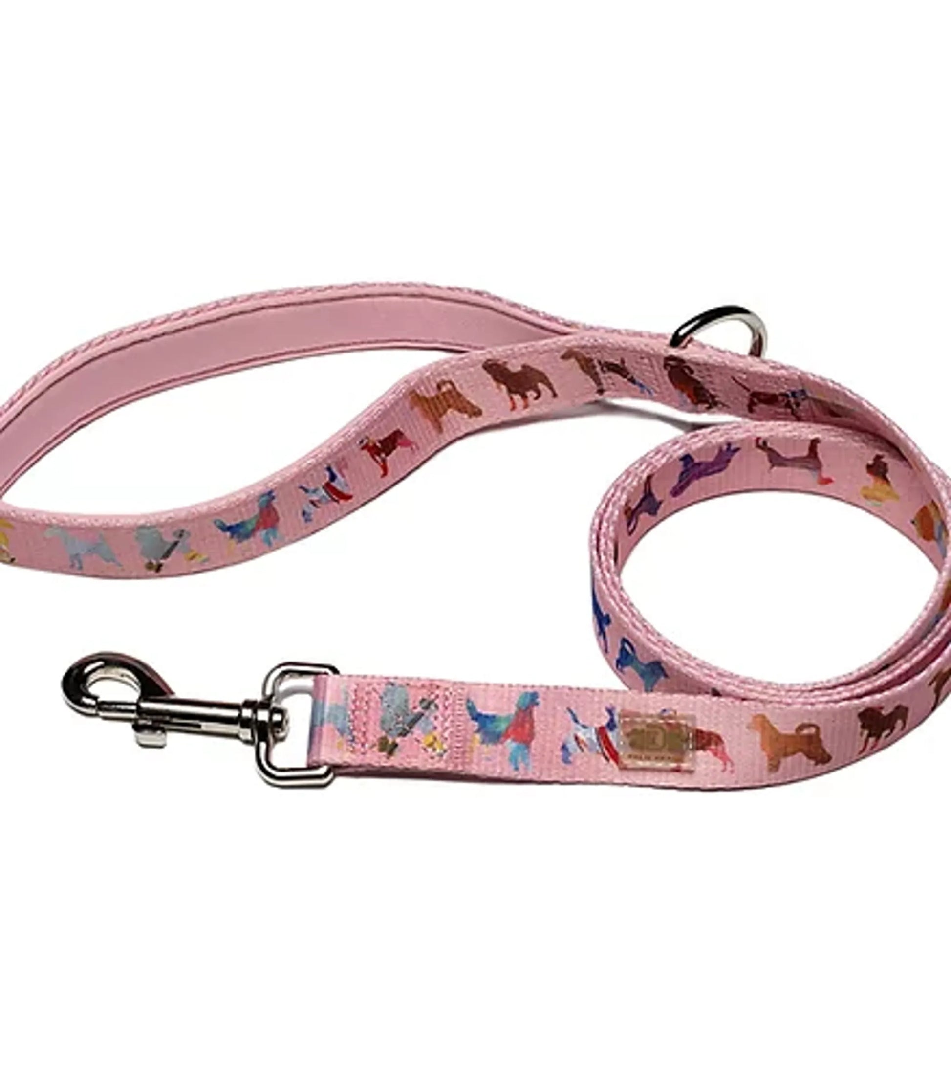 Pink fabric Dog Leash with colorful dog silhouettes and metal clasp suitable for pet supplies from PetsPerfect.