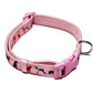 Pink dog collar with colorful dog illustrations and a plastic buckle, designed for comfort and durability.