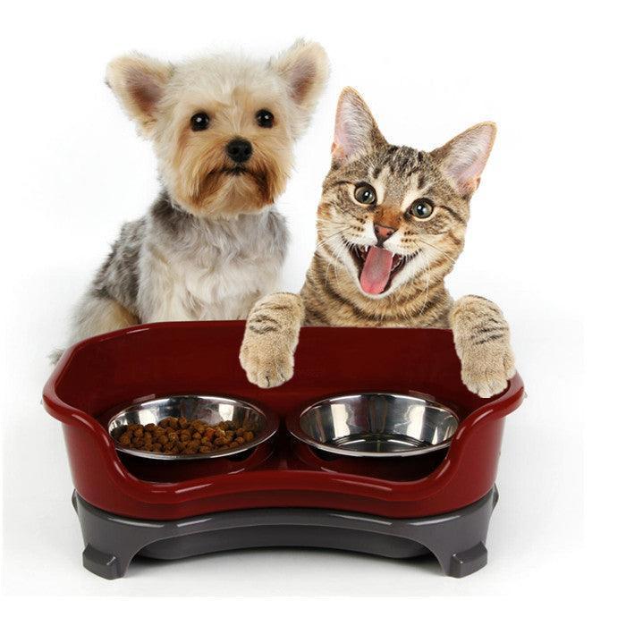 Dog Hugs Cat Pet Double Basin Stainless Steel Bowl Set - Food and Water Dog Bowl - Pets Perfect