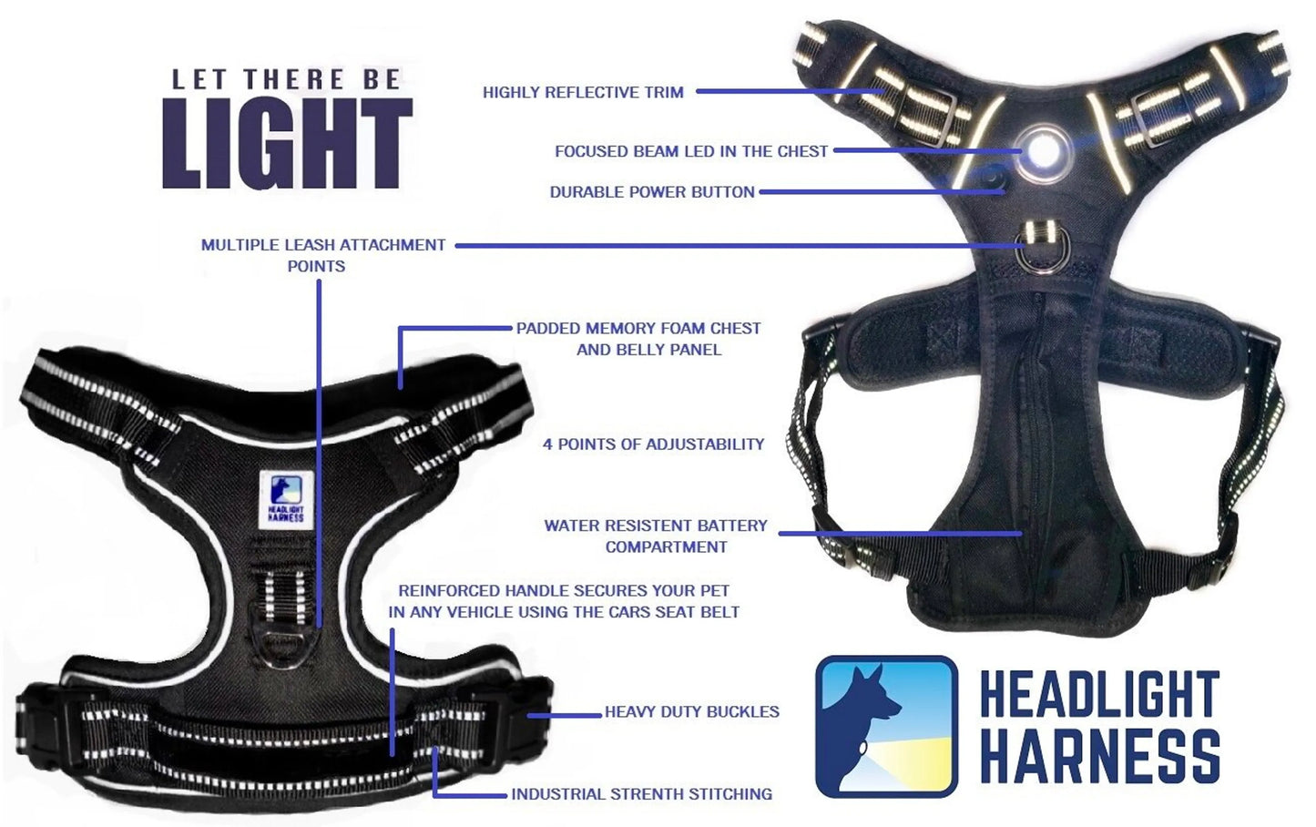 Headlight Harness LED Dog Harness with Built-In Light - XSmall to XXL