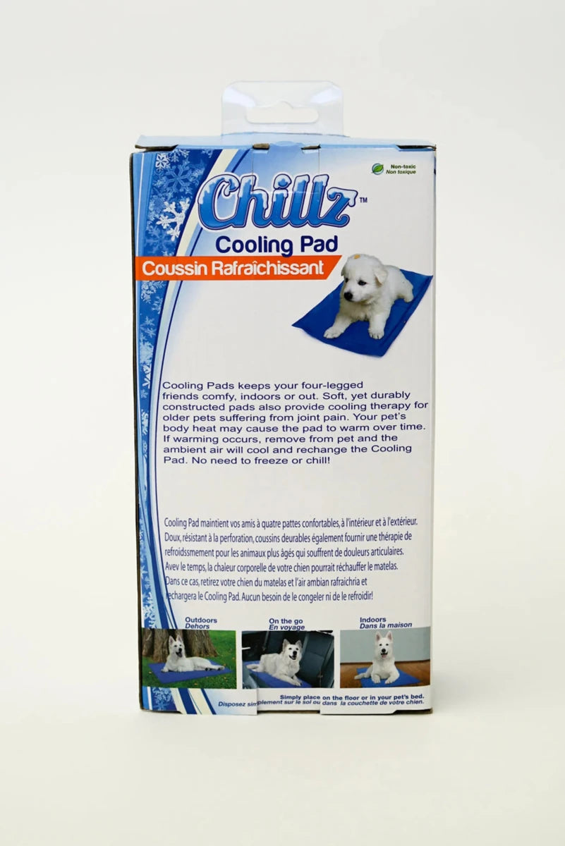 Back of Chillz cooling pad package with instructions and three use examples