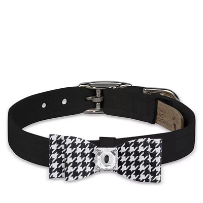 Susan Lanci Designs Black & White Houndstooth Big Bow Dog Collar, Black/black & white houndstooth/LARGE