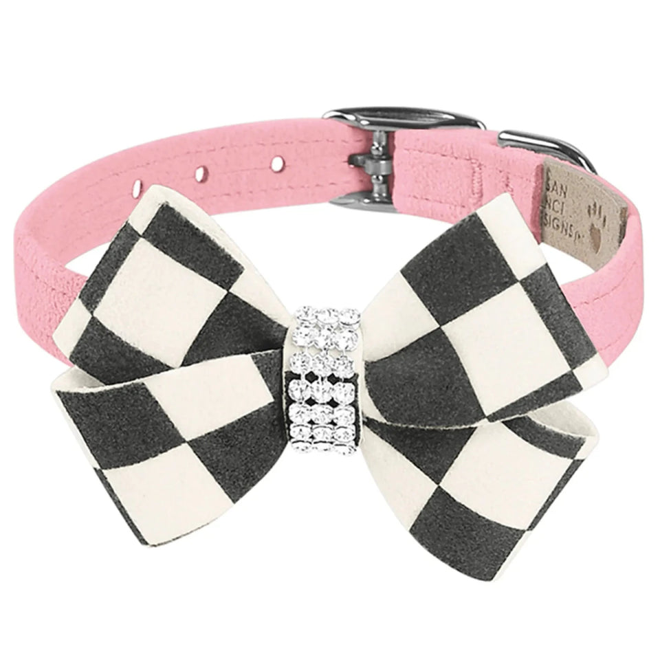 Susan Lanci Designs Windsor Check Nouveau Bow Dog Collar, Puppy pink/SMALL, view 15